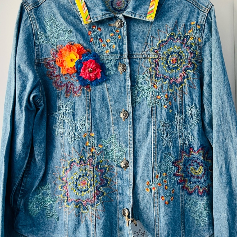 Embroidered Denim Jacket/Shirt with Floral Accents and handmade flowers.